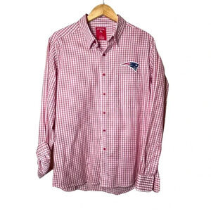 NFL New England Patriots Button Down Red Plaid Logo Souvenir Dress Shirt Large